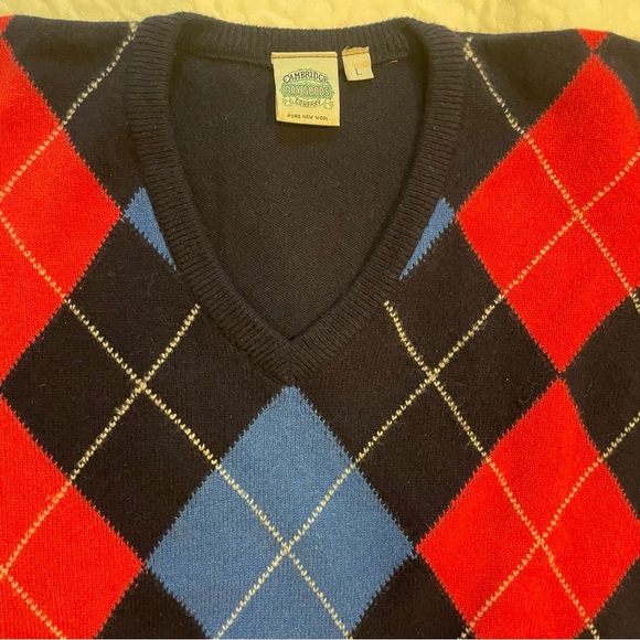 Cambridge Dry Goods 100% Pure New Wool Argyle Diamond Pattern Men’s Large V-Neck - Picture 3 of 6